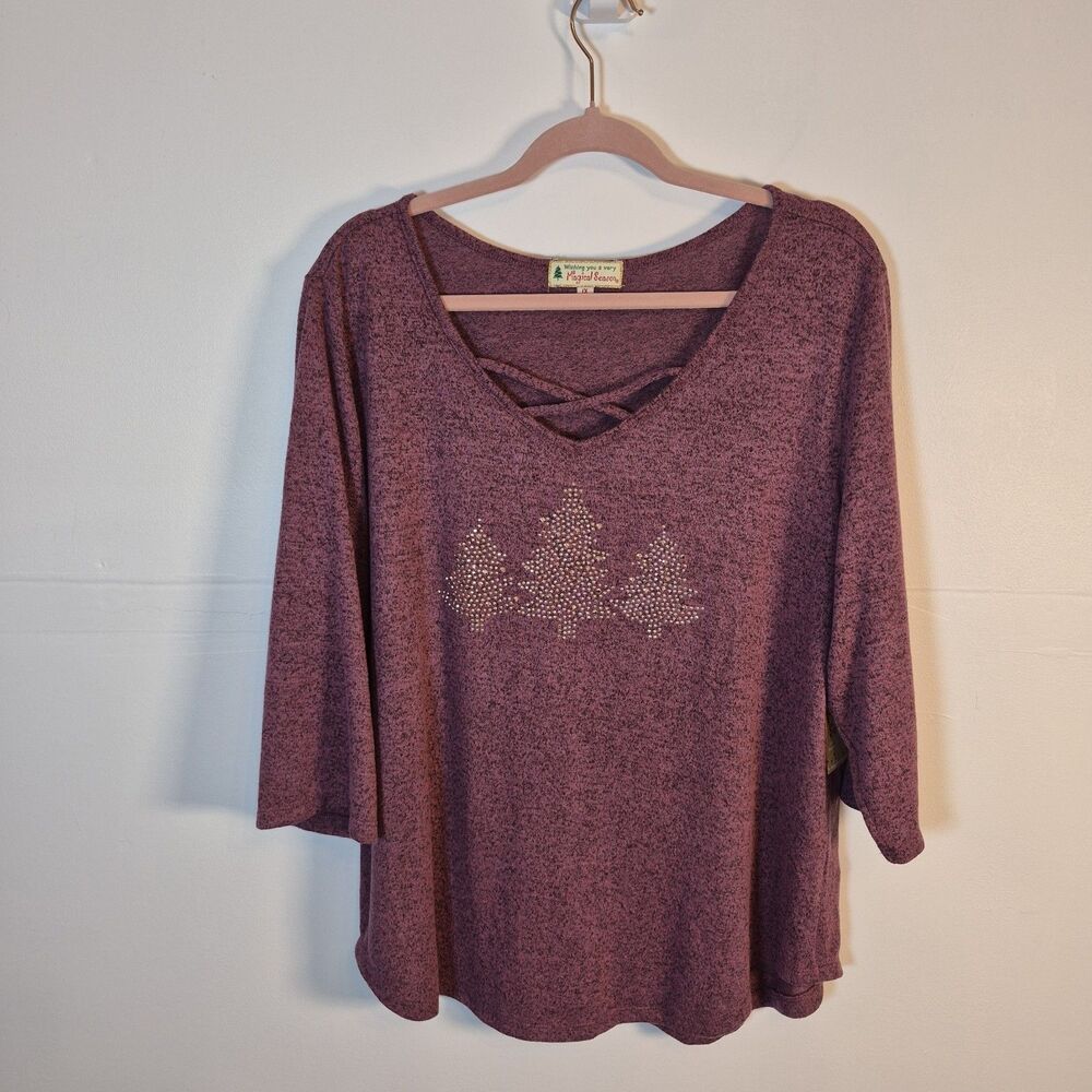 Magical Season Women's Christmas Sweater Size 1X  Heather Purple Studded Trees